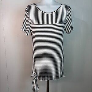 Talbots Knit Top Medium Striped Navy Blue Ribbed Knit Stretch Tie-Hem Shirt